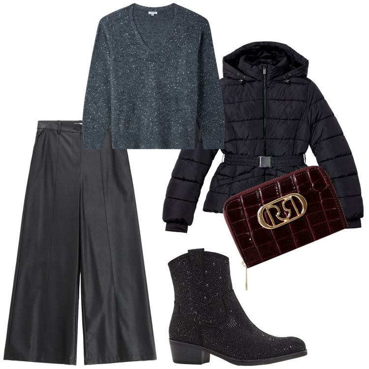 Outfit donna - Brillante. per Tutti i giorni. Abbinamento con stivaletti texani, piumini, maglieria, pantaloni, portafogli.