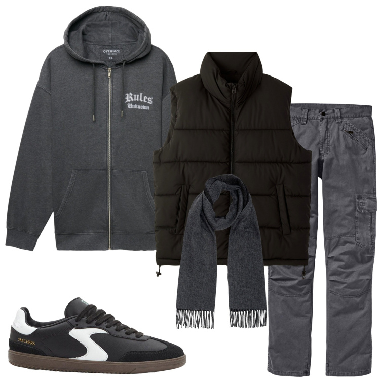 Outfit uomo - Casual autunnale. Stile Casual per Tutti i giorni. Abbinamento con pantaloni cargo, sneakers, piumini, felpe con cappuccio, sciarpe.