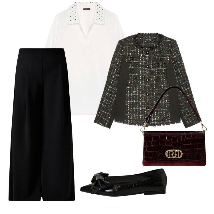 Outfit donna - A lavoro. per Ufficio. Abbinamento con pantaloni a palazzo, ballerine, borse a mano, blazer, camicie.