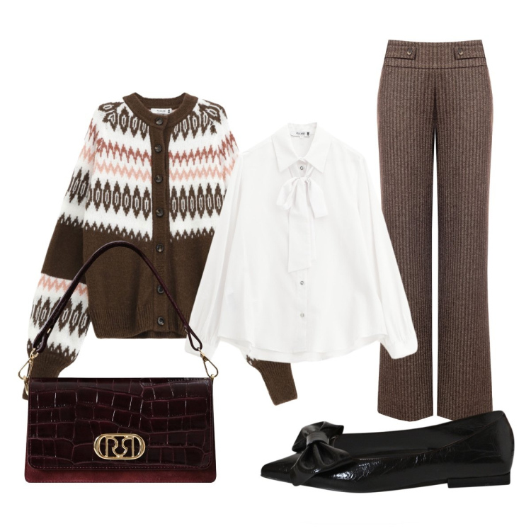Outfit donna - Total look #2254486. Stile Minimal per Ufficio. Abbinamento con camicie, cardigans, pantaloni, ballerine, borse a mano.