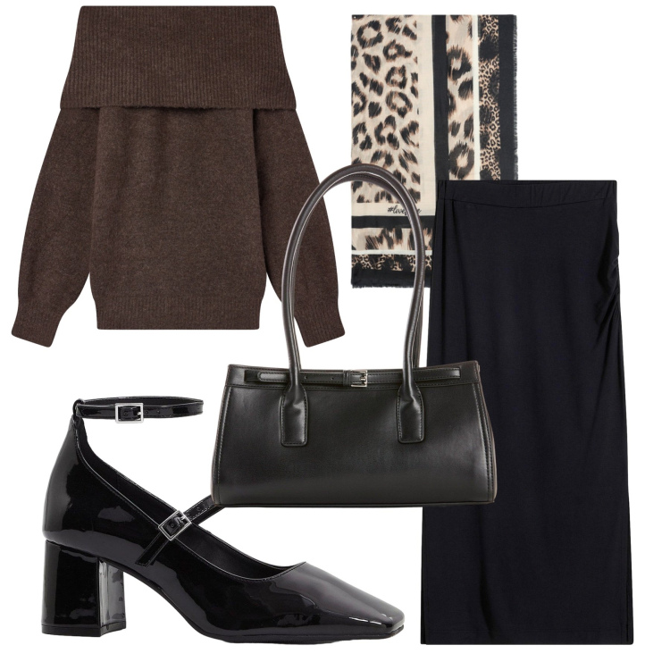 Outfit donna - Total look #2254487. Stile Trendy per Tutti i giorni. Abbinamento con décolleté, borse a mano, gonne longuette, maglieria, foulard.