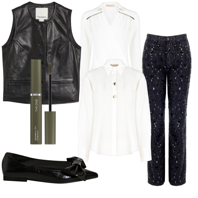 Outfit donna - Una serata glamour. Stile Glamour per Serata fuori. Abbinamento con gilet, eyeliner, camicie, ballerine, body, pantaloni.