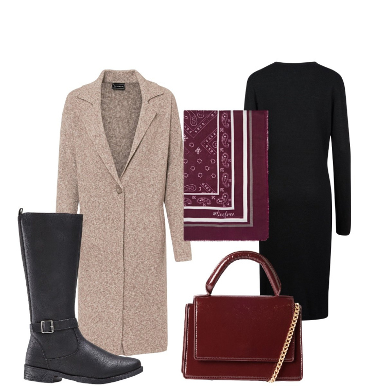 Outfit donna - Total look #2254489. Stile Bon Ton per Ufficio. Abbinamento con cappotti, stivali, borse a tracolla, vestiti midi/longuette, foulard.
