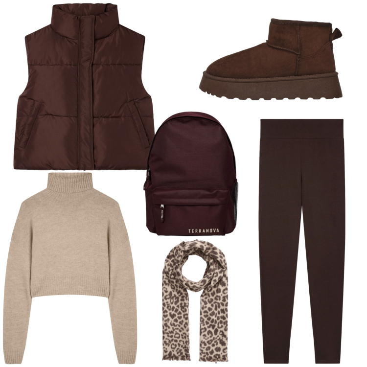Outfit donna - Come mi vesto per la scuola. Stile Casual per Scuola/Università. Abbinamento con maglieria, leggings, zaini, sciarpe, piumini, stivaletti.