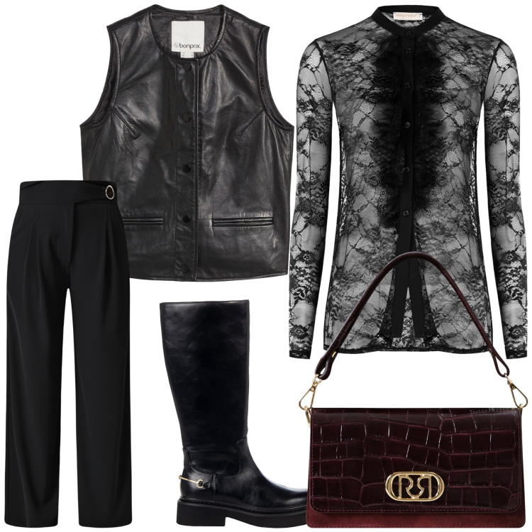 Outfit donna - Un po’ rock stasera. Stile Trendy per Serata fuori. Abbinamento con gilet, pantaloni a palazzo, borse a mano, stivali sopra il ginocchio, camicie.