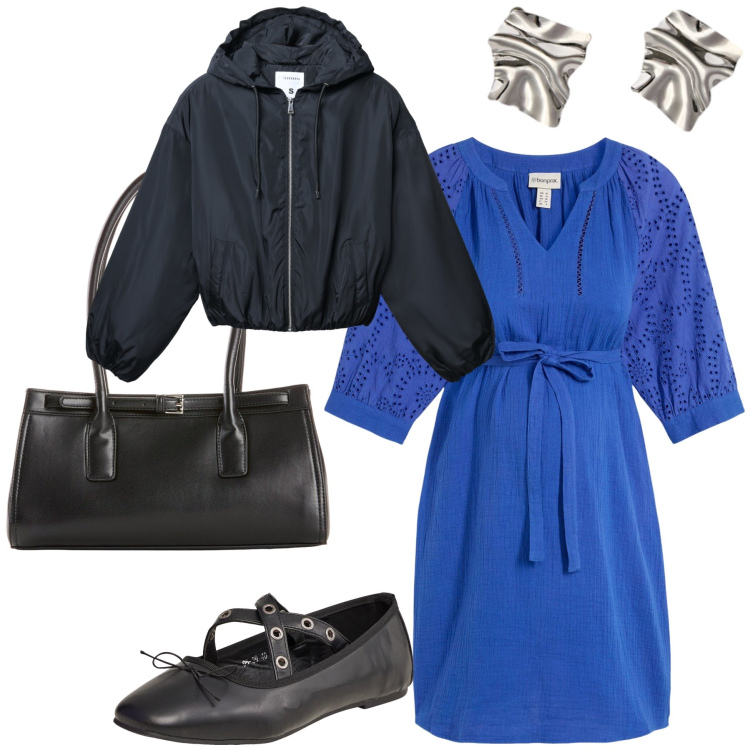 Outfit donna - Un abitino per una pizza. Stile Urban per Serata fuori. Abbinamento con vestiti midi/longuette, borse a mano, ballerine, bomber, orecchini.