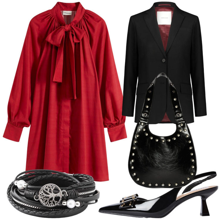 Outfit donna - Riunione di lavoro. Stile Glamour per Ufficio. Abbinamento con vestiti, braccialetti, décolleté, blazer, borse a spalla.