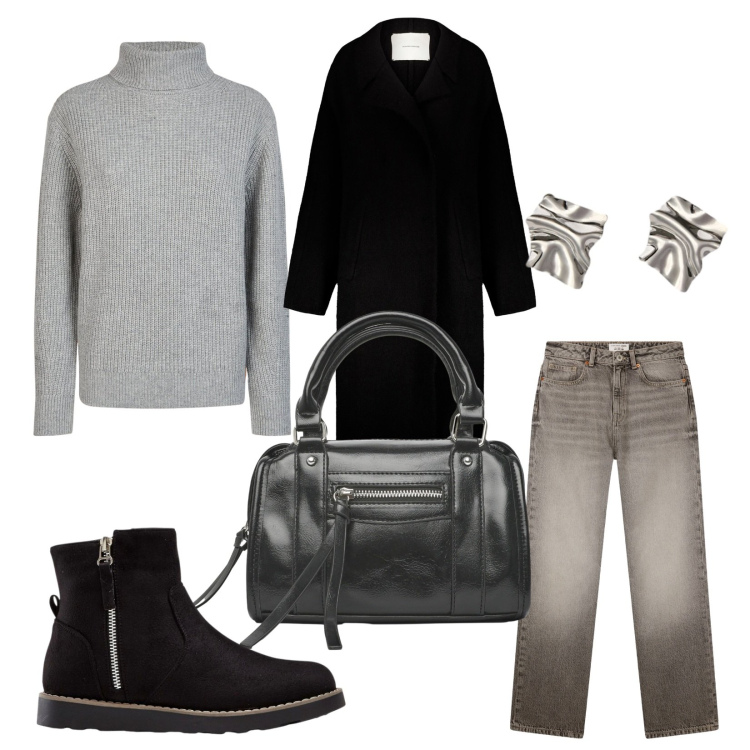 Outfit donna - Casual. Stile Casual per Tutti i giorni. Abbinamento con stivaletti, borse a mano, jeans dritti, cappotti, maglieria, orecchini.