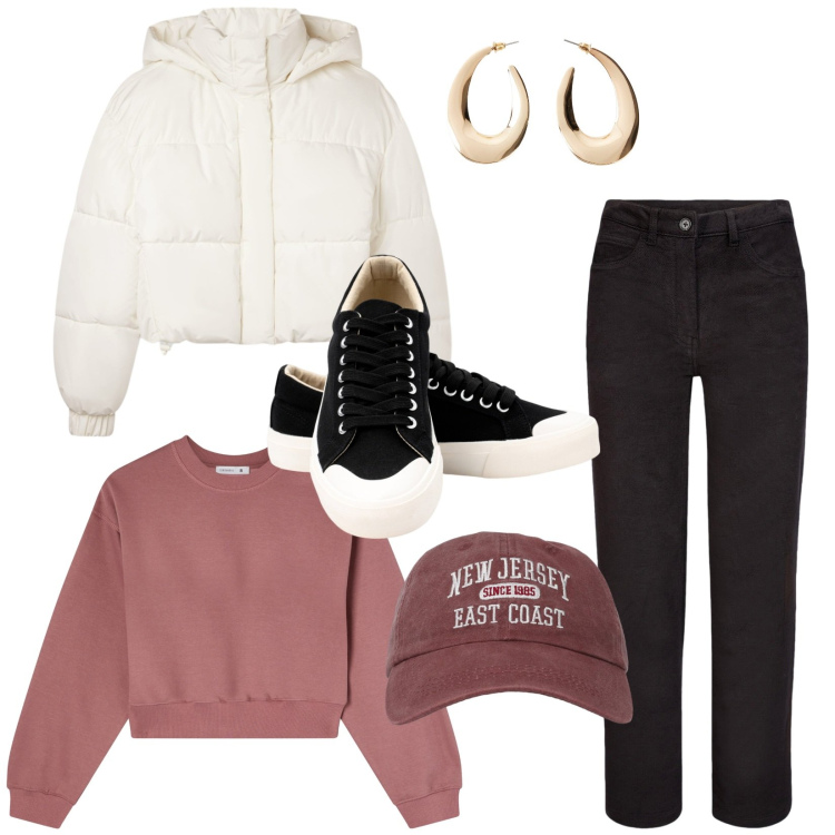Outfit donna - Casual. Stile Casual per Tutti i giorni. Abbinamento con orecchini, bomber, felpe, cappelli con visiera, sneakers, pantaloni.