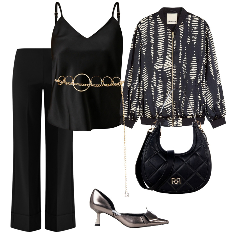 Outfit donna - A mangiare sushi. per Serata fuori. Abbinamento con bomber, top, borse a tracolla, cinture, décolleté, pantaloni a palazzo.