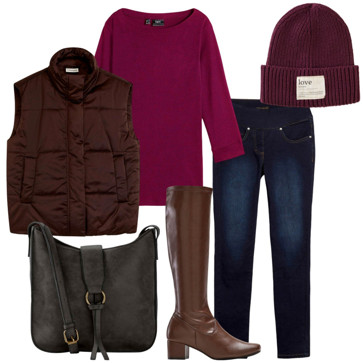 Outfit donna - Bonprix- l\'autunno e i suoi colori. Stile Casual chic per Tutti i giorni. look ideale per Petite. Abbinamento con jeans dritti, borse a tracolla, maglieria, stivali, berretti, piumini.