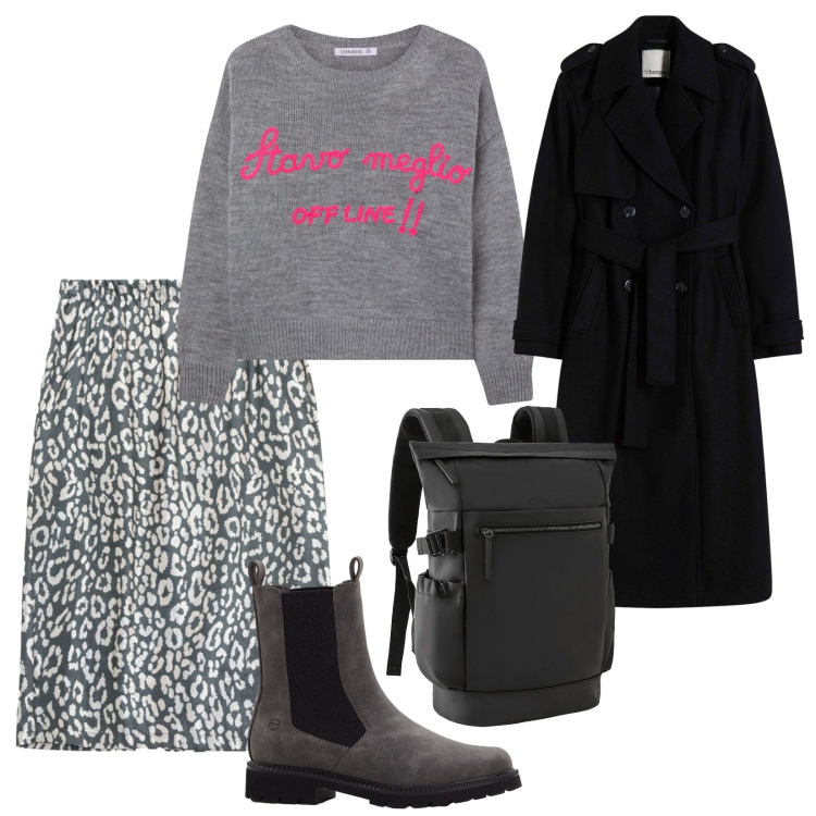 Outfit donna - Zaino in spalla e via. per Scuola/Università. Abbinamento con stivaletti chelsea, zaini, trench, maglieria, gonne.
