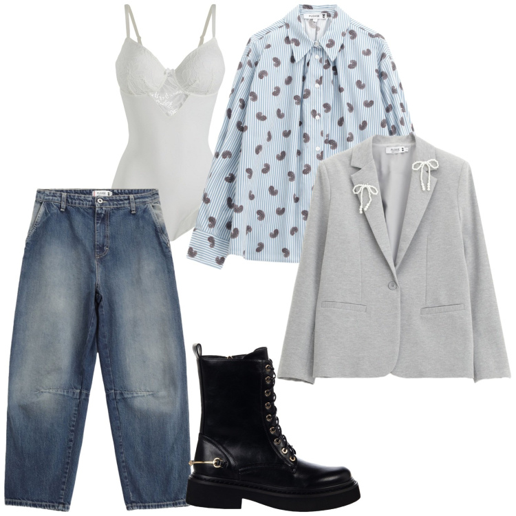 Outfit donna - Di giorno. per Scuola/Università. Abbinamento con body, anfibi, jeans, blazer, camicie.