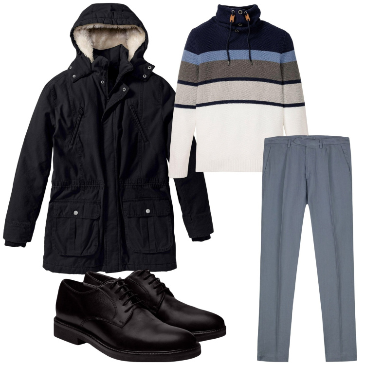 Outfit uomo - Total look #2254524. Stile Business/Elegante per Ufficio. Abbinamento con parka, maglieria, pantaloni, scarpe stringate.