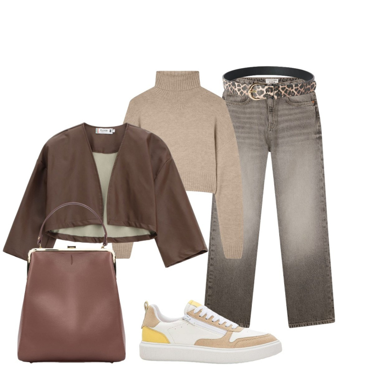 Outfit donna - Sfumature marroni. Stile Casual chic per Scuola/Università. Abbinamento con sneakers, jeans dritti, cinture, maglieria, giacche, borse a spalla.