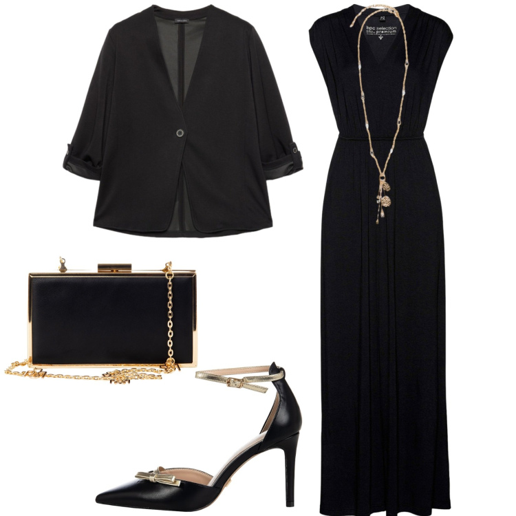 Outfit donna - Total look #2254528. Stile Glamour per Serata fuori. Abbinamento con vestiti lunghi, décolleté, pochette, ciondoli, blazer.