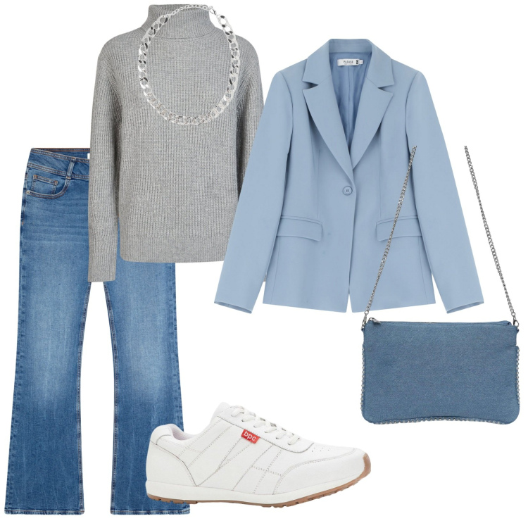 Outfit donna - Colore a ottobre. per Tutti i giorni. Abbinamento con sneakers, borse a tracolla, collane, jeans a zampa, blazer, maglieria.
