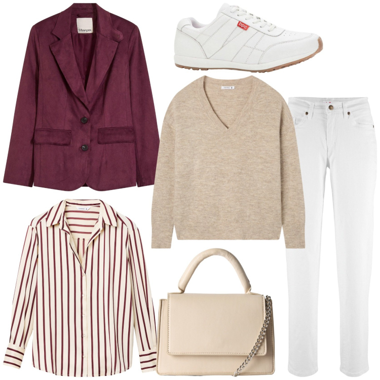 Outfit donna - Autumn style. Stile Casual chic per Tutti i giorni. Abbinamento con jeans mom, blazer, sneakers, camicie, borse a tracolla, maglieria.