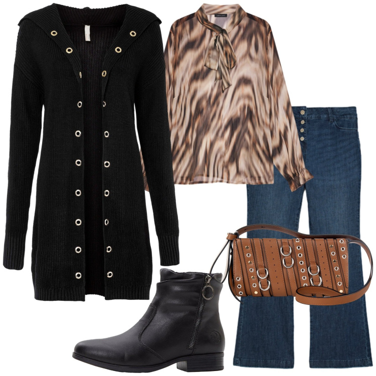 Outfit donna - Total look #2254541. Stile Chic per Tutti i giorni. Abbinamento con cardigans, stivaletti, borse a spalla, bluse, jeans.