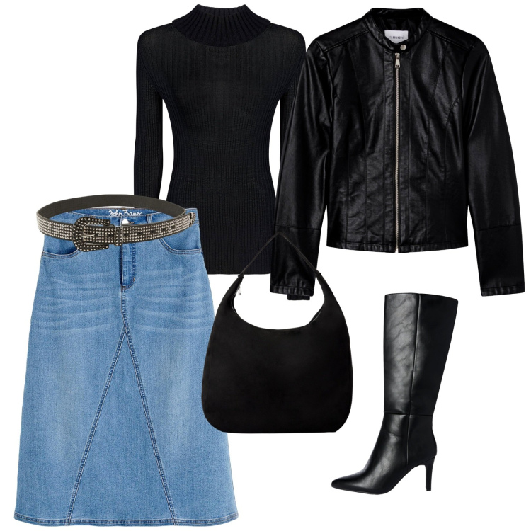 Outfit donna - Ogni giorno. per Tutti i giorni. Abbinamento con gonne, giacche, stivali sopra il ginocchio, cinture, borse a mano, maglieria.