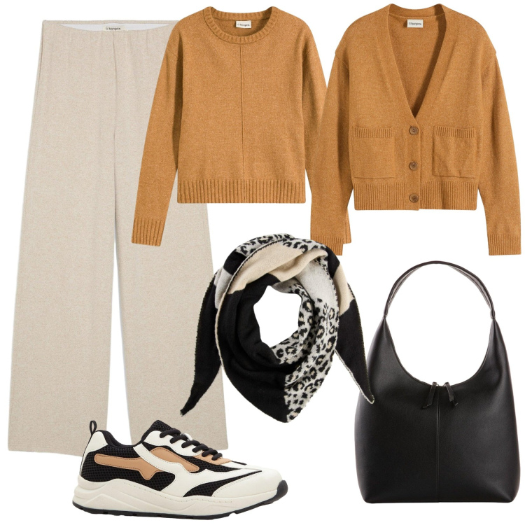 Outfit donna - Avvolgente autunno. Stile Urban per Tutti i giorni. Abbinamento con pantaloni a palazzo, maglieria, cardigans, shopping bag, sneakers, foulard.