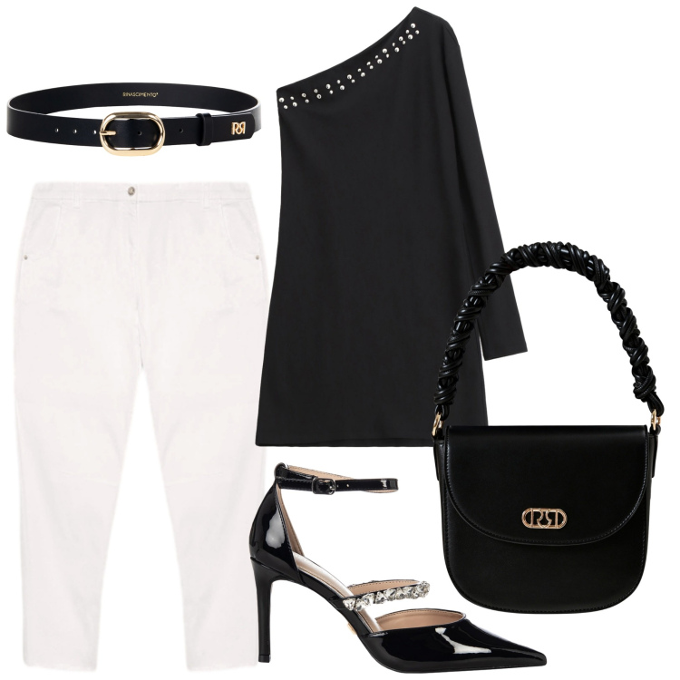 Outfit donna - Elegante con semplicità. Stile Casual chic per Tutti i giorni. Abbinamento con vestiti asimmetrici, cinture, borse a mano, décolleté, pantaloni.