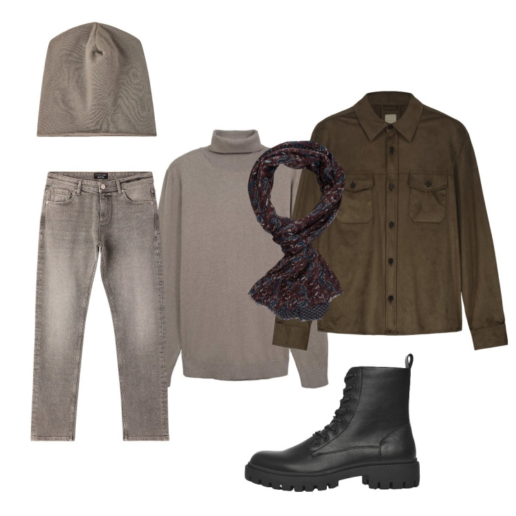 Outfit uomo - Total look #2254558. Stile Casual per Tutti i giorni. Abbinamento con maglieria, jeans, anfibi, berretti, giacche, sciarpe.