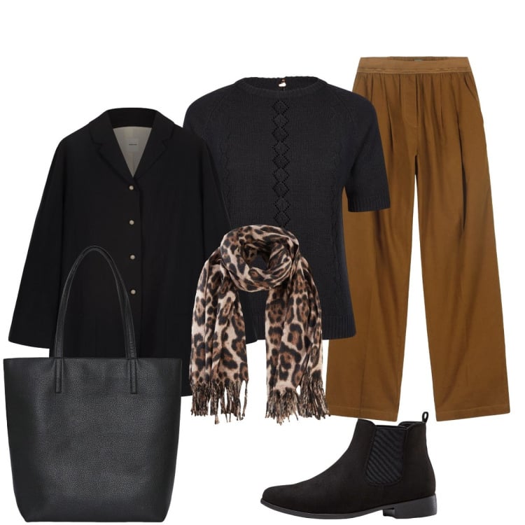 Outfit donna - In città. Stile Minimal per Tutti i giorni. Abbinamento con stivaletti chelsea, foulard, borse tote, pantaloni, maglieria, blazer.