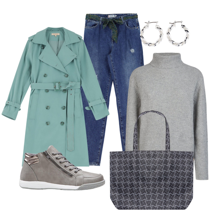 Outfit donna - Capi in saldo. Stile Casual per Tutti i giorni. Abbinamento con sneakers alte, orecchini, jeans strappati, trench, maglieria, shopping bag.