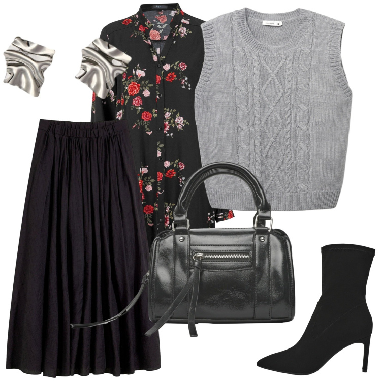 Outfit donna - A lavoro. per Ufficio. Abbinamento con camicie, gonne lunghe, borse a mano, stivali, maglieria, orecchini.