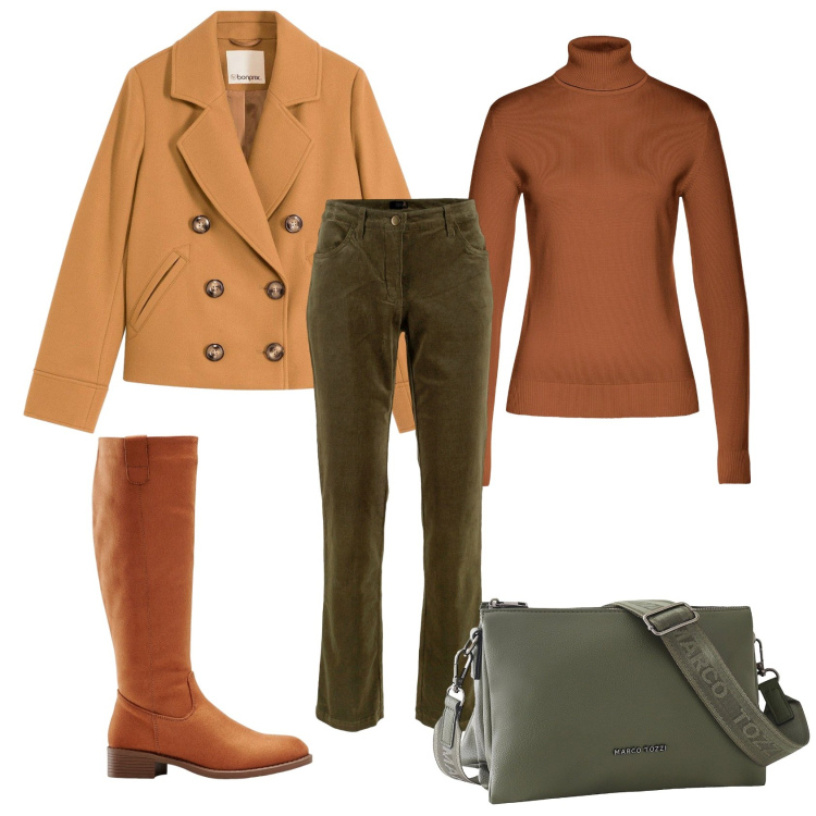 Outfit donna - Bonprix- tutti i colori dell\'autunno. Stile Casual per Tutti i giorni. Abbinamento con maglieria, pantaloni, caban, borse a tracolla, stivali.