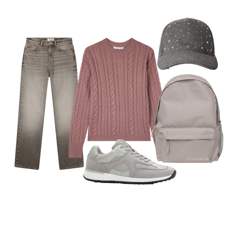 Outfit donna - Jeans e pullover. Stile Casual per Tutti i giorni. Abbinamento con sneakers, zaini, jeans dritti, maglieria, cappelli con visiera.