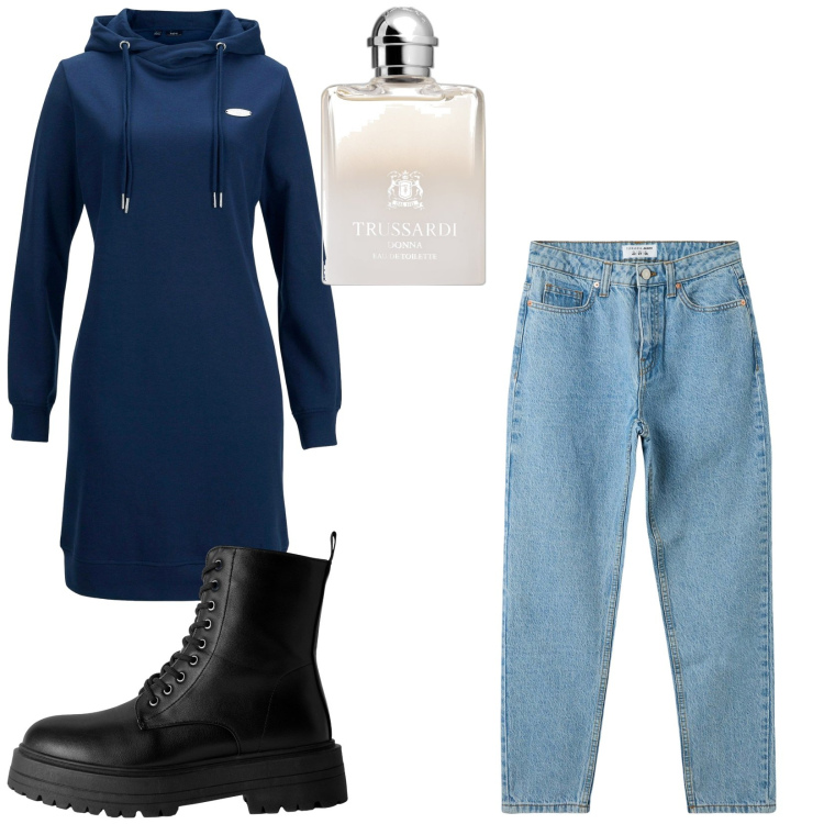 Outfit donna - Jeans e felpa. Stile Trendy per Tutti i giorni. Abbinamento con vestiti, profumi, jeans mom, anfibi.