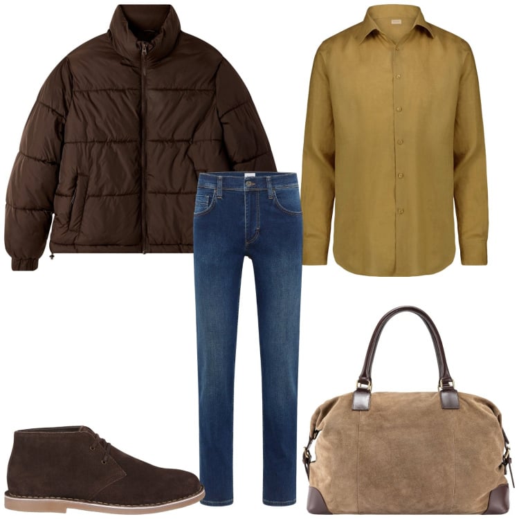 Outfit uomo - Total look #2254567. Stile Casual per Tutti i giorni. Abbinamento con jeans dritti, bomber, camicie, stivali e stivaletti, borse sportive.