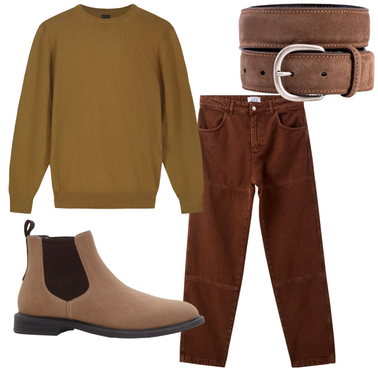 Outfit uomo - Caldi colori. Stile Casual per Tutti i giorni. Abbinamento con stivali e stivaletti, pantaloni, cinture, maglieria.