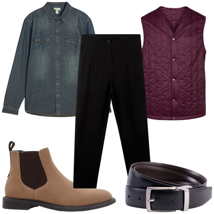 Outfit uomo - Total look #2254573. Stile Casual per Tutti i giorni. Abbinamento con camicie, stivali e stivaletti, pantaloni chino, piumini, cinture.