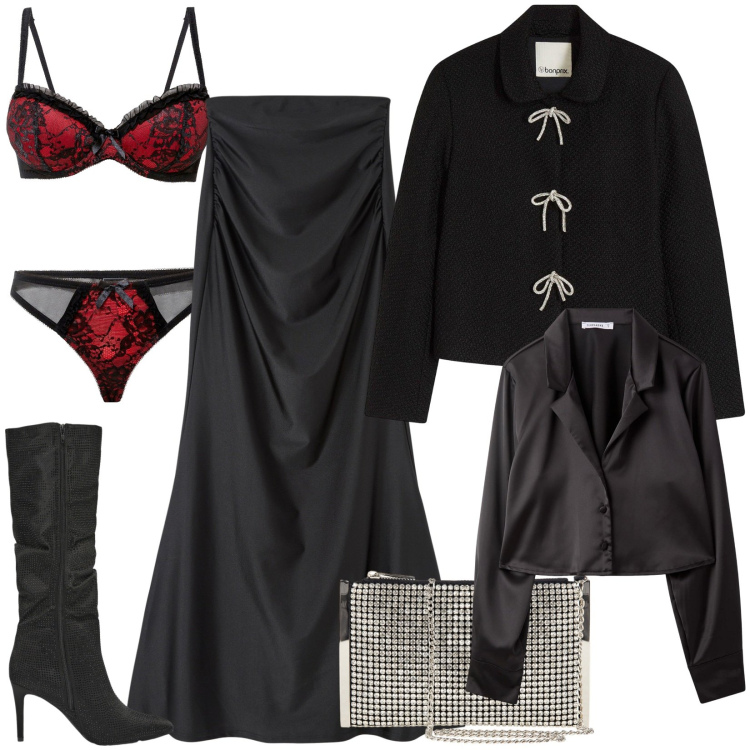 Outfit donna - Long black skirt. Stile Trendy per Serata fuori. Abbinamento con blazer, reggiseni, gonne lunghe, camicie, stivali, pochette.
