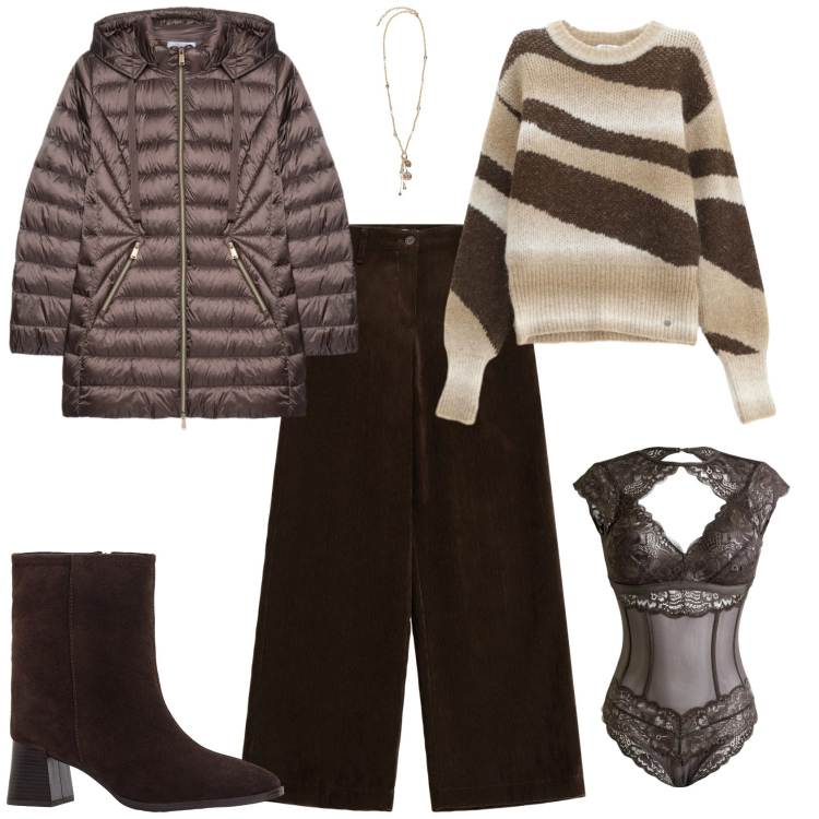 Outfit donna - Total look #2254576. Stile Casual chic per Ufficio. Abbinamento con body, stivaletti, pullovers, pantaloni, piumini, ciondoli.
