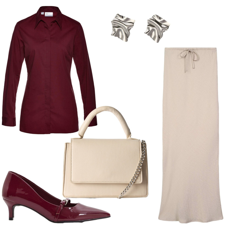 Outfit donna - Riunione di lavoro. Stile Chic per Ufficio. Abbinamento con camicie, décolleté, gonne lunghe, borse a tracolla, orecchini.
