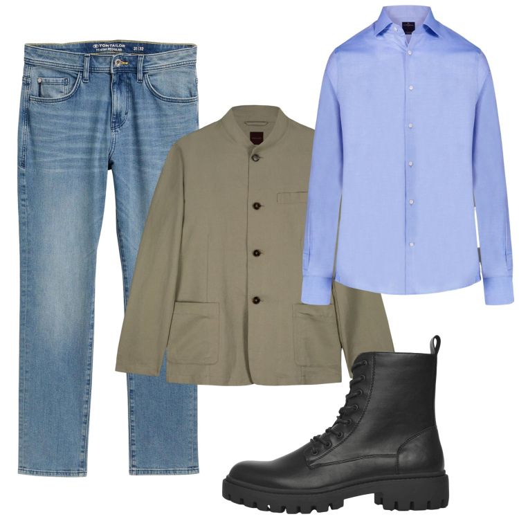 Outfit uomo - Athleisure da viaggio 2. Stile Urban per Tutti i giorni. Abbinamento con jeans slim fit, anfibi, camicie, giacche.