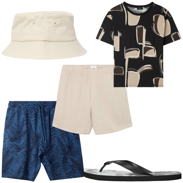 Outfit uomo - Total look #2254579. Stile Trendy per Mare. Abbinamento con cappelli, sandali, pantaloni corti, costumi, t-shirt.