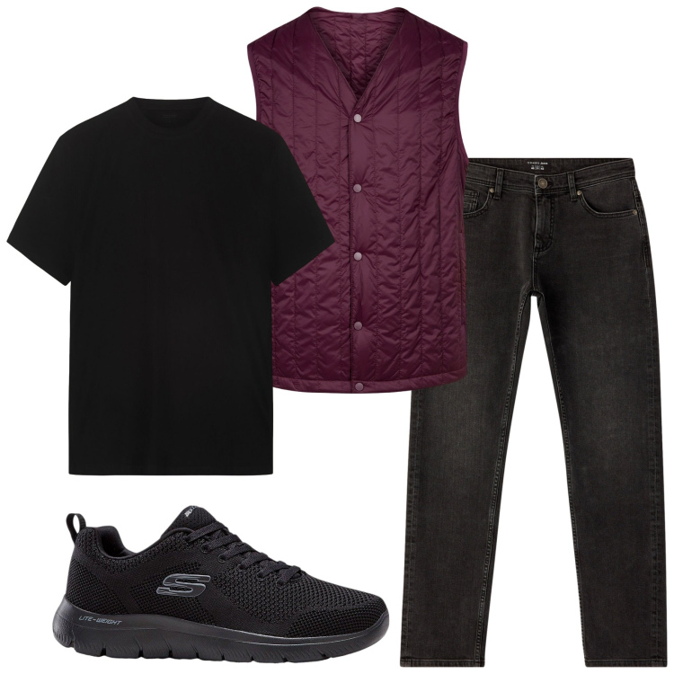 Outfit uomo - Lo smanicato bordeaux. Stile Urban per Tutti i giorni. Abbinamento con sneakers, jeans, piumini, t-shirt.