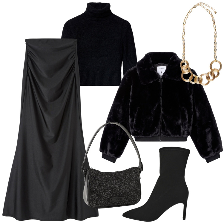 Outfit donna - Gonna nera lunga da sera. Stile Chic per Serata fuori. Abbinamento con borse a mano, maglieria, gonne lunghe, stivali, ecopellicce, collane.