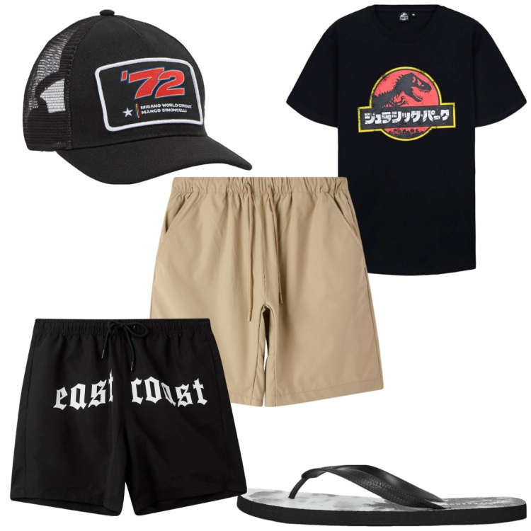 Outfit uomo - Total look #2254583. Stile Trendy per Mare. Abbinamento con sandali, costumi, t-shirt, pantaloni corti, cappelli.