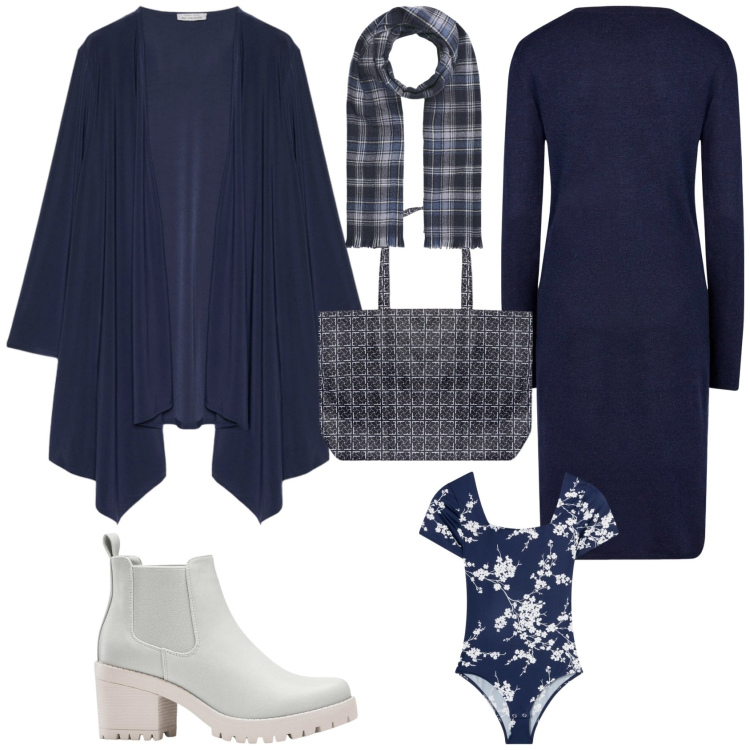 Outfit donna - Total look #2254584. Stile Minimal per Ufficio. Abbinamento con stivaletti chelsea, sciarpe, body, blazer, vestiti midi/longuette, shopping bag.