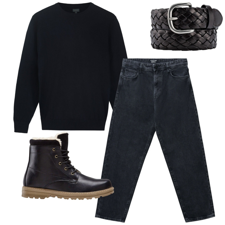 Outfit uomo - Total black. Stile Casual per Tutti i giorni. Abbinamento con stivali e stivaletti, jeans, maglieria, cinture.
