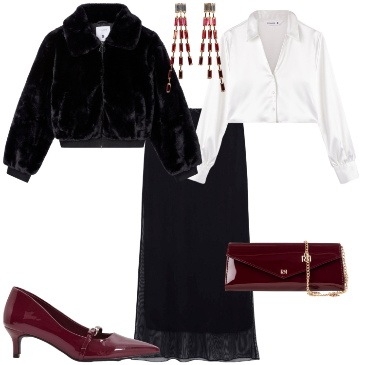 Outfit donna - Total look #2254588. Stile Chic per Serata fuori. Abbinamento con orecchini, décolleté, gonne lunghe, camicie, ecopellicce, pochette.