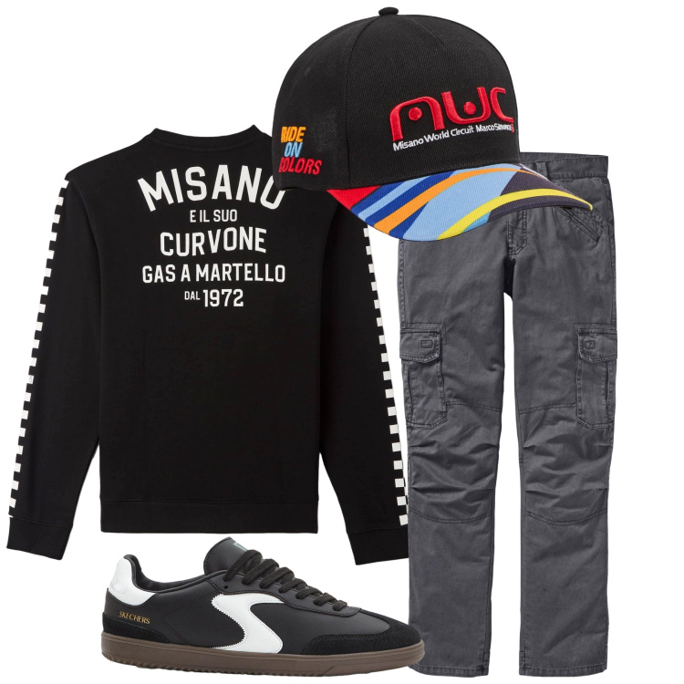 Outfit uomo - Sportivamente. Stile Trendy per Tutti i giorni. Abbinamento con pantaloni cargo, sneakers, felpe, cappelli.