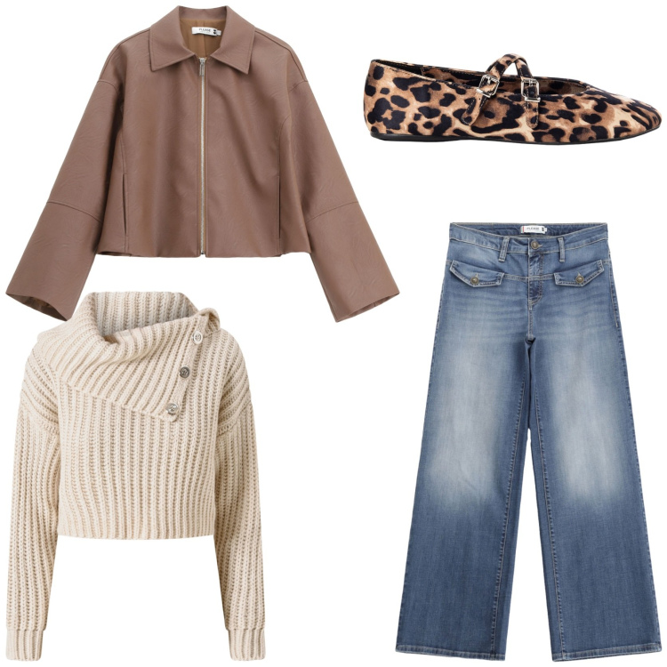 Outfit donna - Primi freddi. Stile Casual chic per Tutti i giorni. Abbinamento con ballerine, maglieria, jeans, blazer.