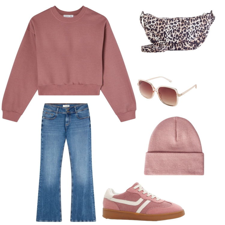 Outfit donna - Pink. Stile Urban Abbinamento con sneakers, borse a tracolla, occhiali da sole, jeans a zampa, felpe, berretti.
